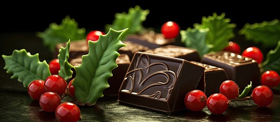 Aufkleber - Festive Christmas holiday chocolates decorated with green holly leaves and berries. copy space available