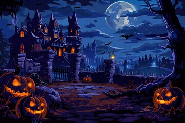 Canvas Print - Halloween. Happy Halloween Fantasy Illustration with Halloween pumpkin, trees, house, moon on the background of old gothic castles.