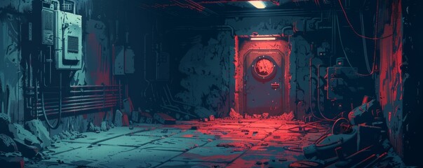 Wall Mural - A forgotten underground bunker, its dark corridors illuminated only by flickering lights, with rusted machinery and forgotten relics scattered throughout.   illustration.