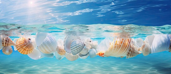 Poster - Beautiful sea shells by the sea on a blurred background. copy space available