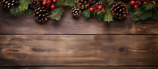 Aufkleber - Christmas background with fir branches pinecones and berries on the old wooden board in vintage style. copy space available
