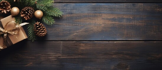 Aufkleber - Christmas composition background Christmas gift with pine cones and fir branches on wooden background Flat lay top view copy space Toned