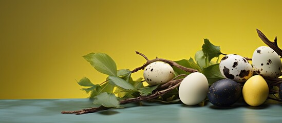 Aufkleber - quail eggs easter eggs willow branch green leaves yellow paper. copy space available