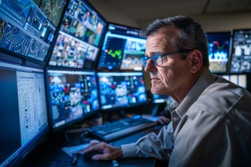 Wall Mural - Cybersecurity Professional Monitoring Multiple Screens in Control Room, Wide-Angle View