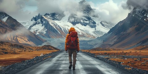 Wall Mural - Unrecognizable traveler on road against mountains illustration