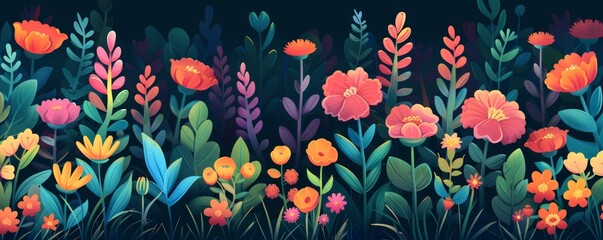 Wall Mural - A bioengineered garden where exotic flowers bloom in brilliant colors, their petals shimmering with an otherworldly glow.   illustration.