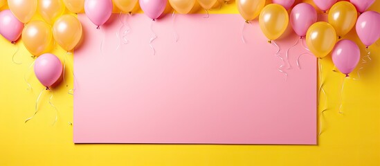 Poster - Heart shaped balloons and yellow card on pink background flat lay Space for text. copy space available