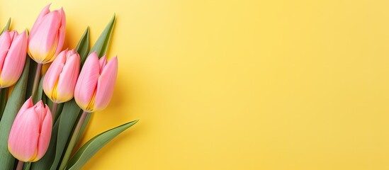 Poster - Gently pink tulips on the yellow background Spring background with a bouquet of flowers with copy space Flat lay