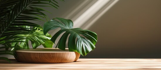 Poster - Natural wood podium with tropical leaves shadow in the background Beautiful background from natural materials. copy space available