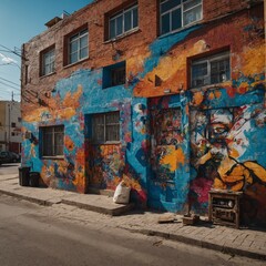 A lively urban street with colorful murals and street art.