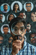 Male hr manager holding magnifying glass head hunting choosing finding new unique talent indian female candidate recruit among multiethnic professional people faces collage Human