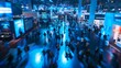© Olga - IT congress hustle and bustle, focus on a big demo booth in the centre of the picture, IT security, Developer, Recruiting, Innovations, blue light, binary code, long exposure captures blurred movement
