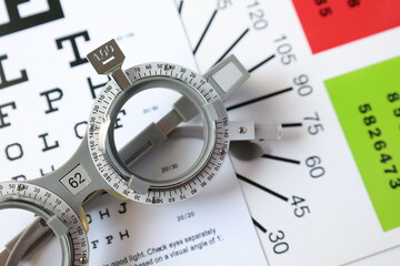 Wall Mural - Trial frame glasses for eye test on chart