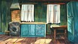 In this modern cartoon illustration, an abandoned old Russian or Ukrainian farm house with an oven, dirty cupboards and tables, and torn curtains is shown.