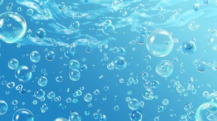 Realistic 3D modern illustration of an abstract background with air bubbles on the surface of blue water, fluid motion, transparent aqua, and random underwater fizzing.