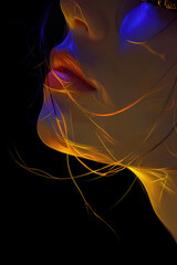 Wall Mural - Vertical illustration of woman face with neon lights on black background. Digital art. Selective focus. Close up