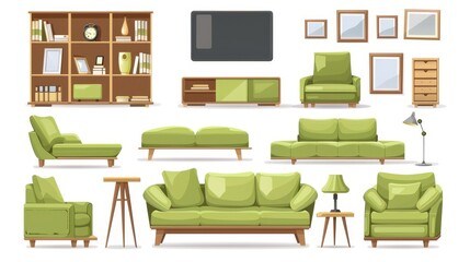 Wall Mural - Green sofa, bookshelves, and TV in living room. Isolated on white background, modern cartoon furniture collection for house, pouf, picture frames, floor lamps, and rear view of couch.