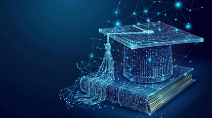 Digital education concept with a wireframe book and graduation cap made up of blue lines and nodes