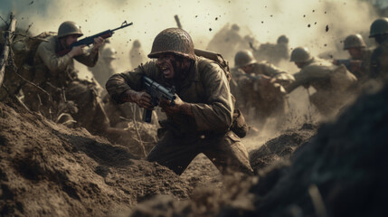 Infantry Soldier In World War II Walking In Patrol Through battlefield. WWII WW2 Times