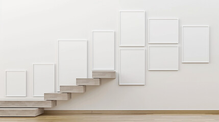 Wall Mural - A contemporary gallery with a visually striking arrangement of eight differently sized plain white frames, creating a stair-step effect.