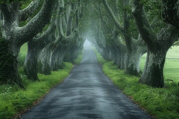 Poplar Tree Lined Road: Symmetrical rows of trees along a country road.