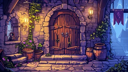 Wall Mural - Dilapidated fairytale castle interior with cracked wooden arched door, broken flower pots, ragged banners on wall, and spiderweb over stone stairs. Cartoon modern illustration.