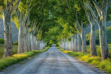 Poplar Tree Lined Road: Symmetrical rows of trees along a country road. 