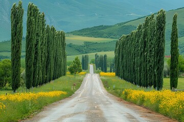 Poplar Tree Lined Road: Symmetrical rows of trees along a country road. 