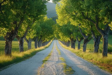 Poplar Tree Lined Road: Symmetrical rows of trees along a country road. 