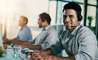 Poster - Portrait, business people and man with customer service, call center and telemarketing in modern office. Face, consultant and insurance agent with headphones, help desk and tech support with advice