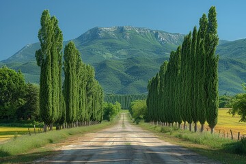 Poplar Tree Lined Road: Symmetrical rows of trees along a country road. 