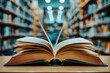© Jasmina - Closeup view of open book in library with blur bookshelf in background, World Book Day