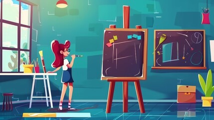 Wall Mural - Graphic of a girl painting on canvas with a brush. Modern landing page of an artist studio with cartoon illustration of a young woman with paintbrush, easel, and blackboard.