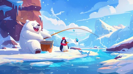 Wall Mural - The cute wild animals characters sit on an ice floe near a hole, catching fish with their rods, then putting them in a bucket. Cartoon modern illustration of characters from a fairy tale book or
