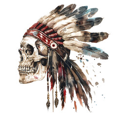 Wall Mural - Watercolor native American skull with Indian headdress  isolated on white background