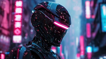 Wall Mural - Cyberpunk robot with digital helmet in the middle of a neon cyber city alley. AI generated image