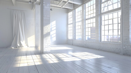 Modern sunny empty loft room with white wall and wooden floor 3D Render : Generative AI