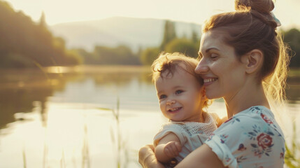 Smiling mother holding adorable toddler child outdoors,  beautiful nature landscape with lake in the background