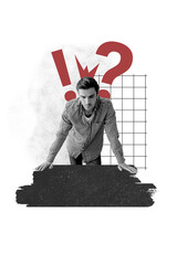 Poster - Picture collage image of handsome nice man solving task question isolated on painted background