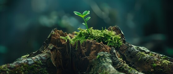 Wall Mural - Life emerging from death as seen in a vibrant sprout within a rotting trunk, moss-covered forest setting, highlighting ecological renewal,