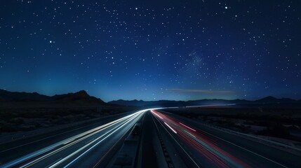 Car trails streaking through a dark highway under a starry night sky