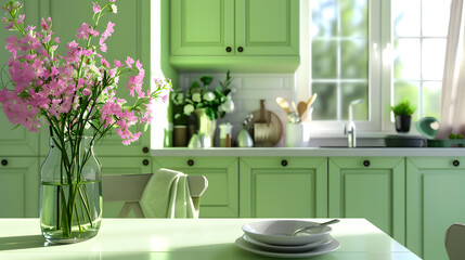 Green kitchen interior with furniture Stylish cuisine with flowers in vase Wooden kitchen in spring decor Cozy home decor Kitchen utensils dishes and plate on table kitchen island in d : Generative AI