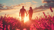 © Nata - A couple is holding hands in a field of purple flowers. The sun is setting in the background, casting a warm glow over the scene. Scene is romantic and peaceful