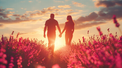 A couple is holding hands in a field of purple flowers. The sun is setting in the background, casting a warm glow over the scene. Scene is romantic and peaceful