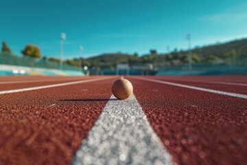 A hyper-realistic close-up of a discus placed on the white line of an athletics track, captured with a Canon 5D Mark III.