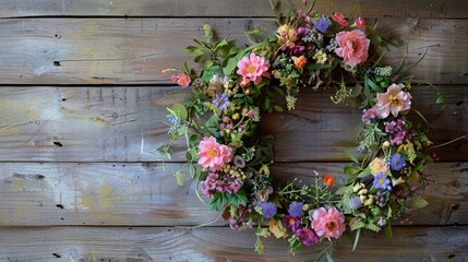 Wall Mural - Create your own charming midsummer floral wreath Displayed against a rustic wooden backdrop this DIY flower door wreath captures the essence of a Midsummer night dream decoration perfect fo