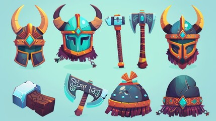 Wall Mural - An imposing Viking helmet, nordic weapons, and a bugle horn for game user interface designs. Modern cartoon illustration of medieval norse barbarian armour, hammer with Celtic ornaments, ax, and hat.