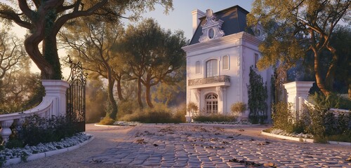 Wall Mural - A white house with classic French architecture, including a mansard roof and ornamental ironwork, nestled in a secluded garden with ancient oak trees and a cobblestone courtyard.