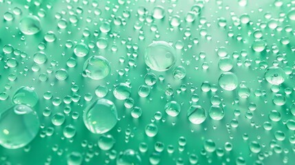 Wall Mural - The water drops are condensing on the green background and have a light reflection as well as a fizz of bubbles. Abstract wet texture and scattered pure aqua blobs pattern are on the horizontal