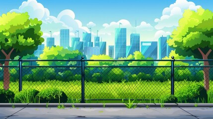 Wall Mural - Modern cartoon illustration of city park, buildings, green grass, bushes, trees, houses, and skyscrapers on skyline, behind a metal fence.